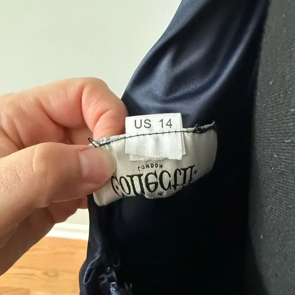 Collectif Navy Satin Formal Dress with White Belt - Picture 5 of 12